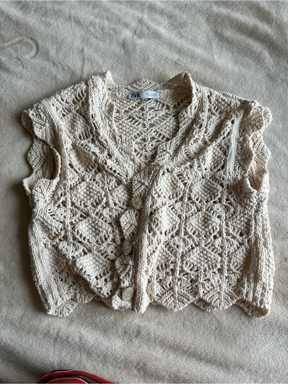 Zara Cream Crochet Knit Button Front Cardigan Vest